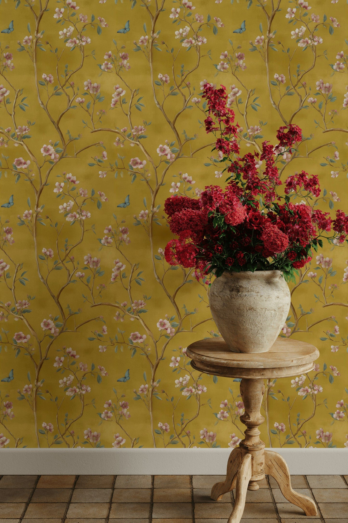Golden Look Blossom Wallpaper Floral Chinoiserie Wall Mural
