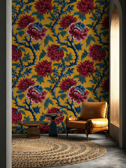 Golden Look Yellow Bold Floral Wallpaper