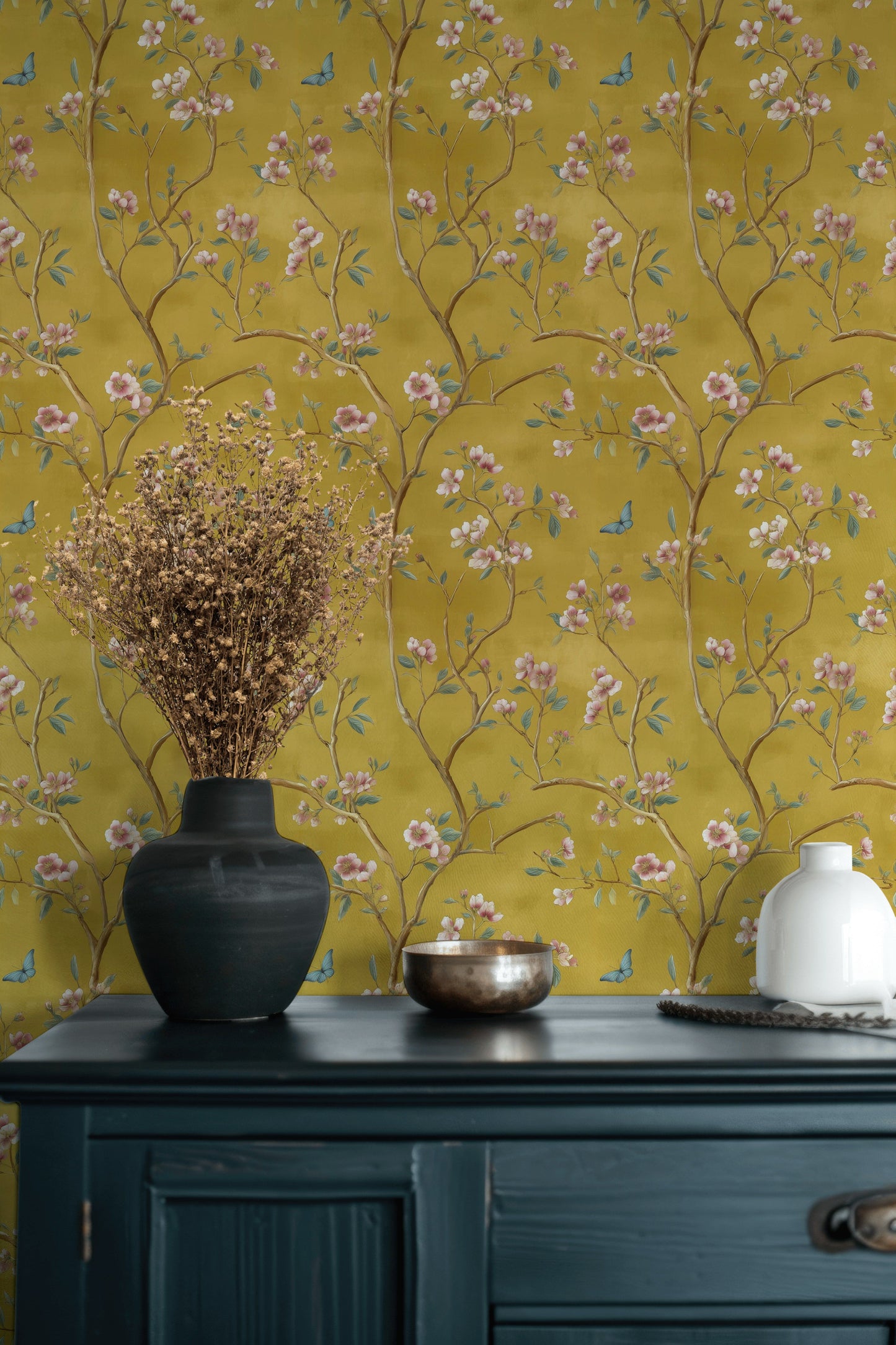 Golden Look Blossom Wallpaper Floral Chinoiserie Wall Mural