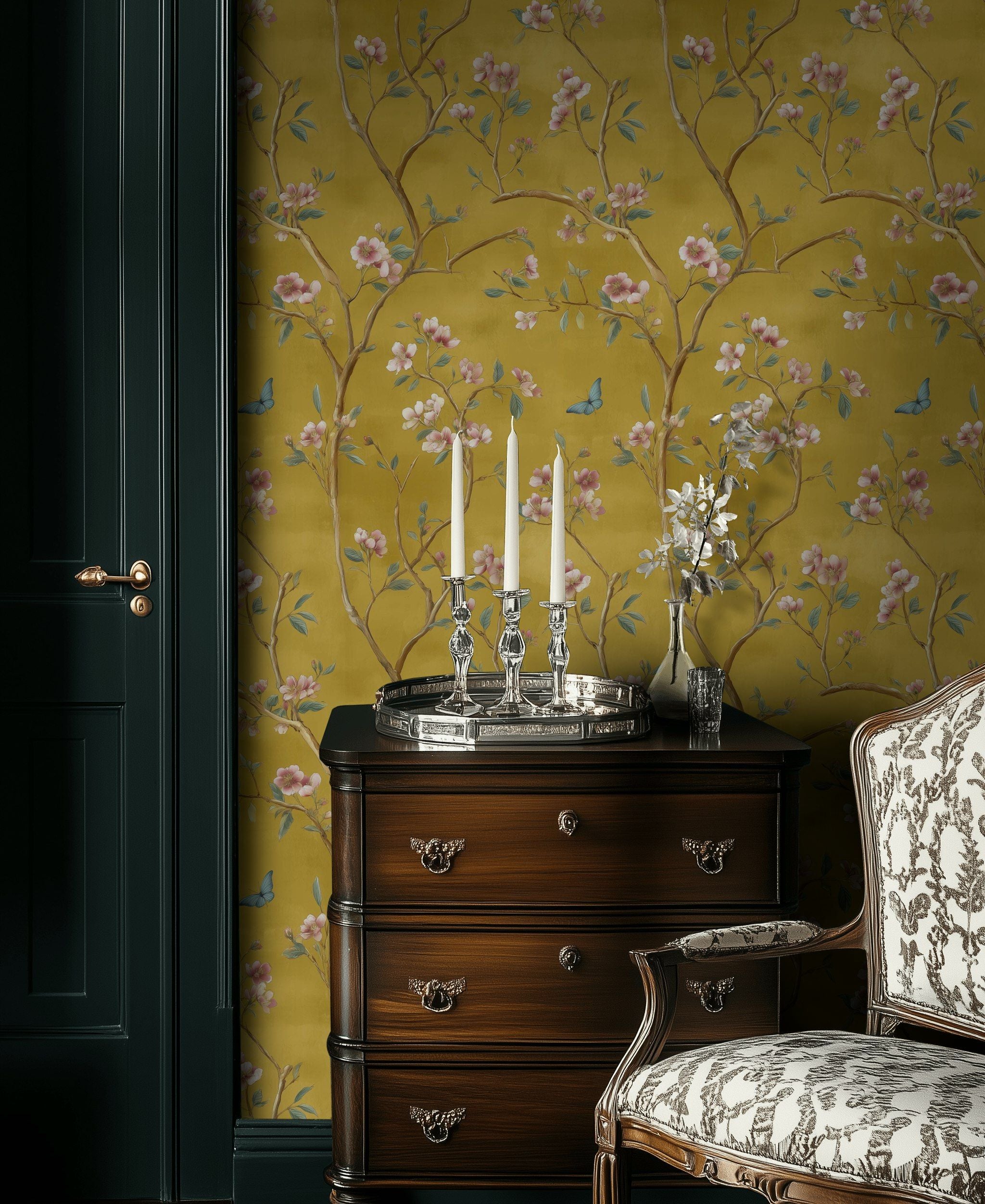 Mustard Yellow Cherry Blossom and Birds Wallpaper