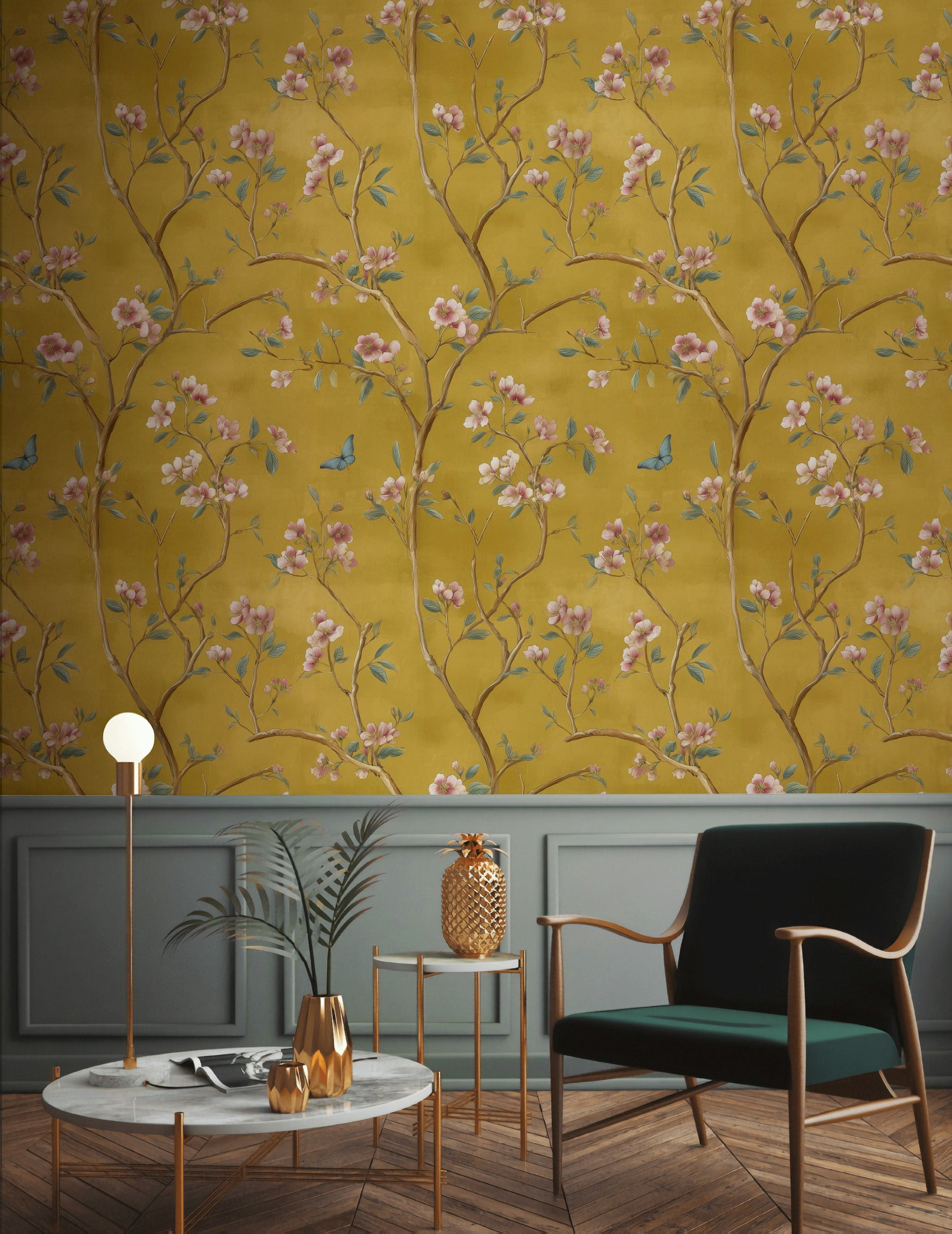 Mustard Yellow Cherry Blossom and Birds Wallpaper