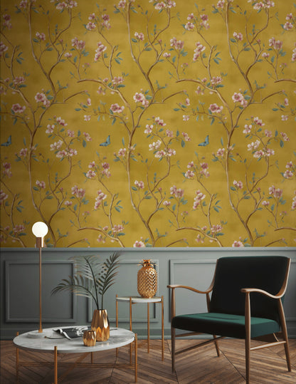 Mustard Yellow Cherry Blossom and Birds Wallpaper