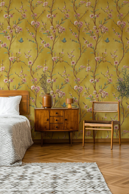 Golden Look Blossom Wallpaper Floral Chinoiserie Wall Mural