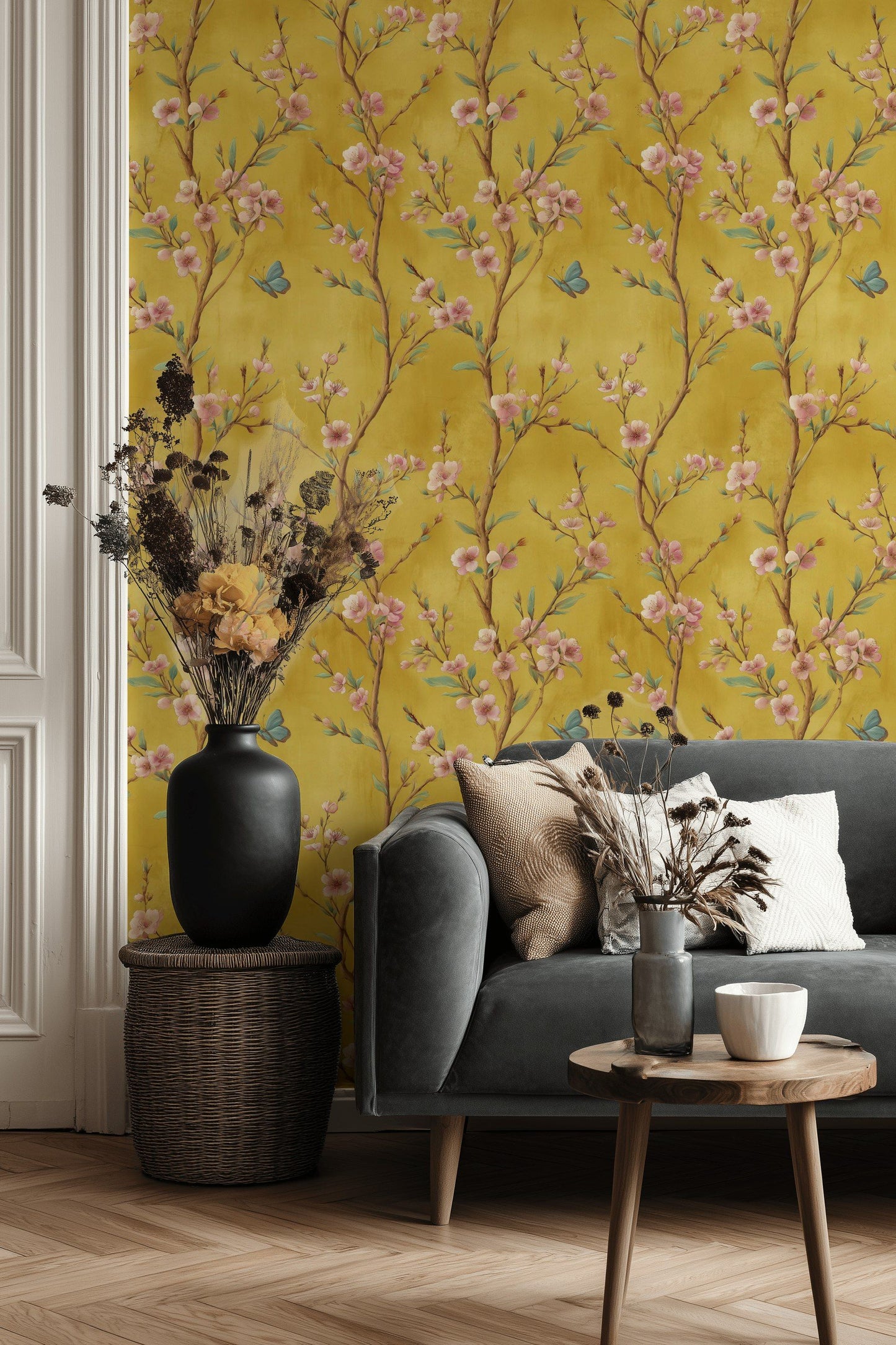 Golden Look Blossom Wallpaper Floral Chinoiserie Wall Mural