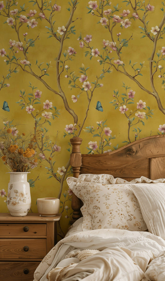 Chinoiserie Floral Wallpaper Yellow Blossom Wall Mural