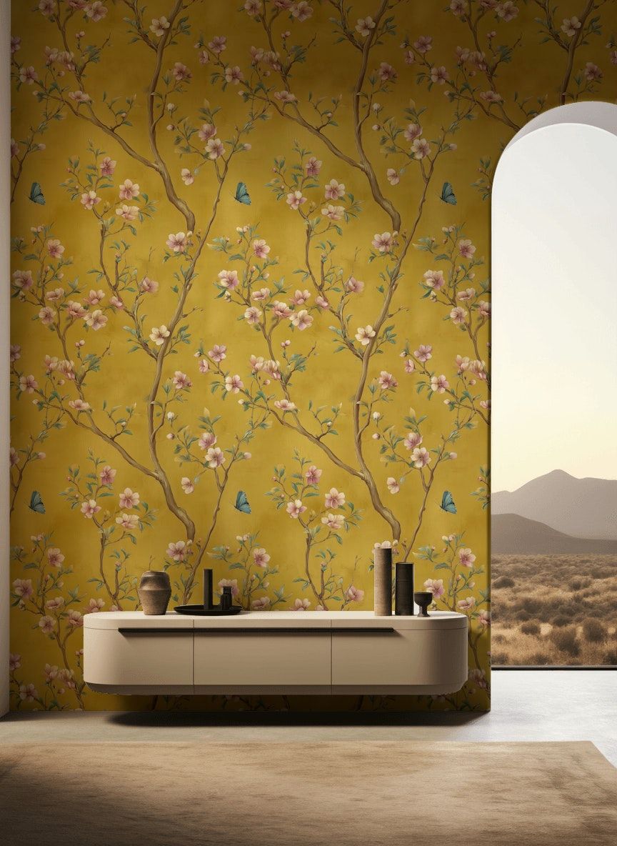 Chinoiserie Floral Wallpaper Yellow Blossom Wall Mural