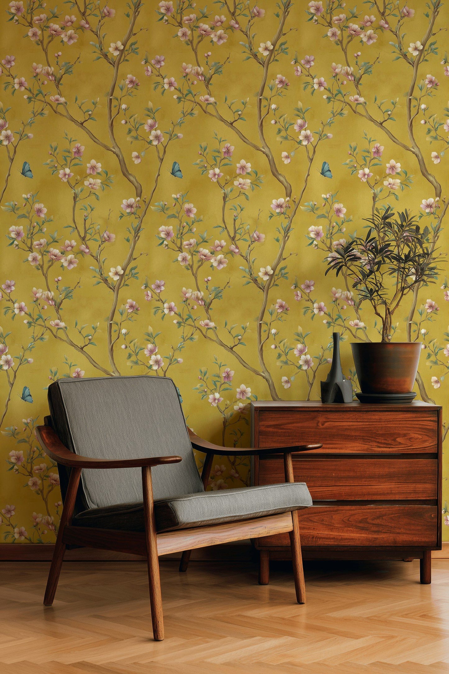 Chinoiserie Floral Wallpaper Yellow Blossom Wall Mural