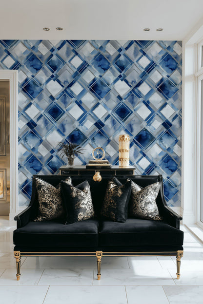 Navy Blue Geometric Diamond Pattern Wallpaper