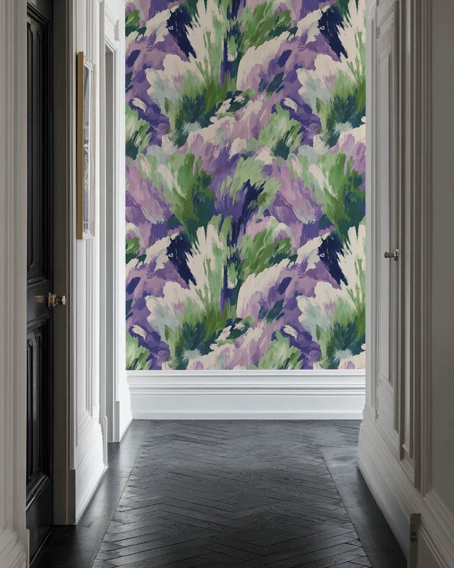 Abstract Brushstroke Wallpaper Green Purple Wall Mural