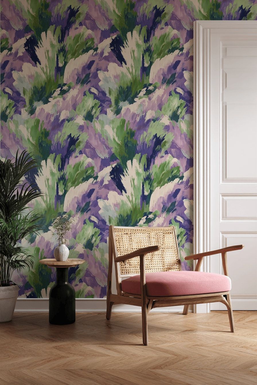 Abstract Brushstroke Wallpaper Green Purple Wall Mural