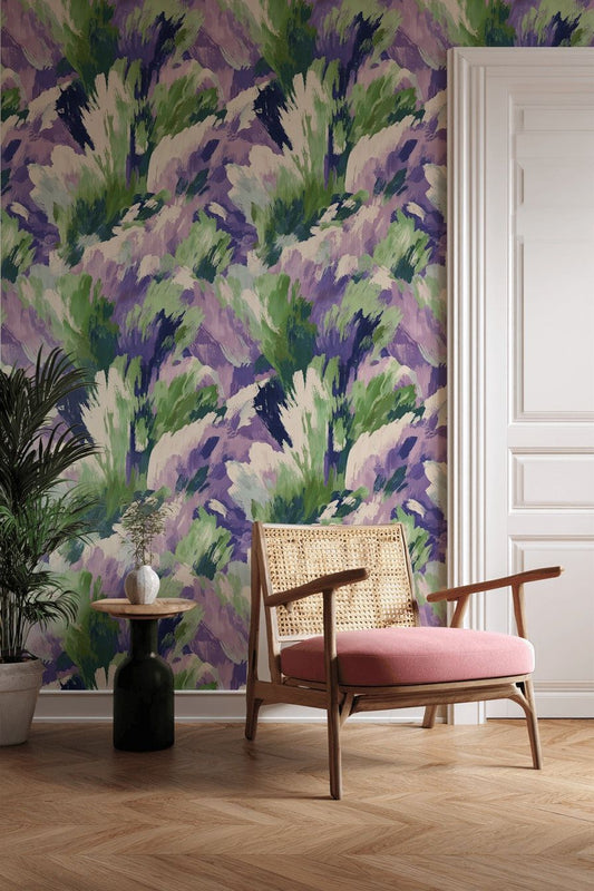 Abstract Brushstroke Wallpaper Green Purple Wall Mural
