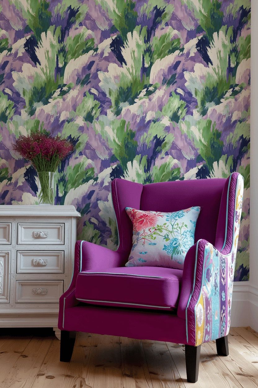 Abstract Brushstroke Wallpaper Green Purple Wall Mural