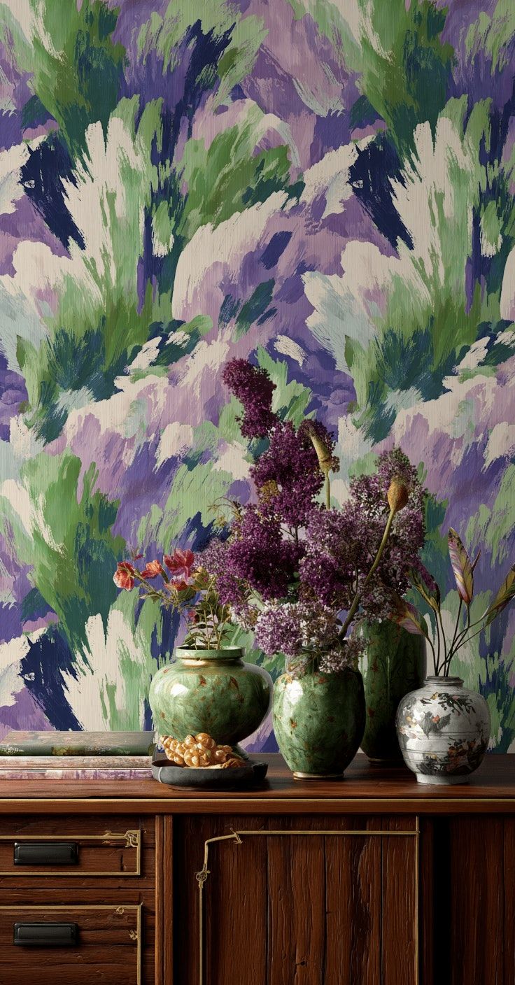 Abstract Brushstroke Wallpaper Green Purple Wall Mural