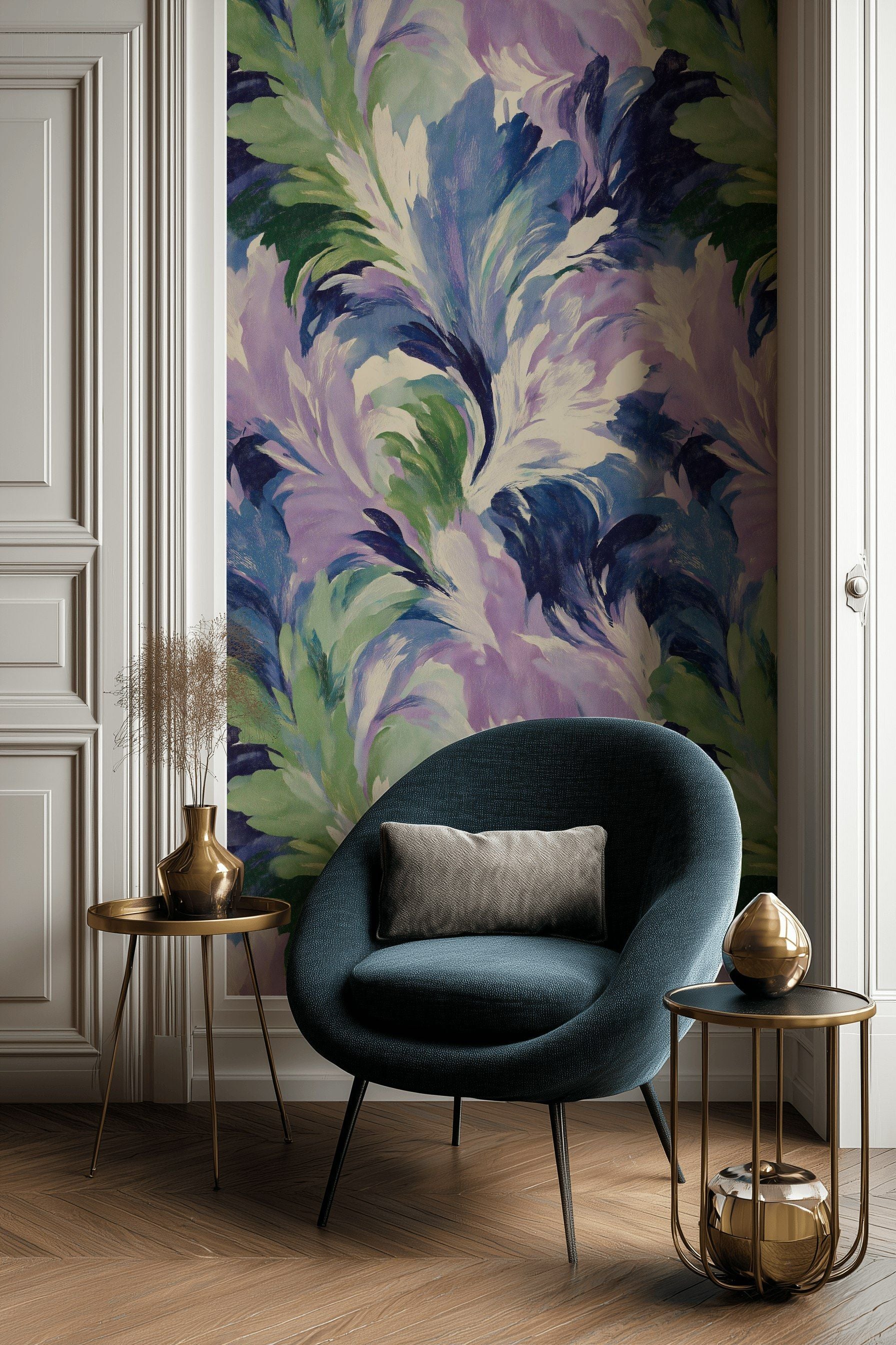 Vibrant Lilac and Green Abstract Swirl Wallpaper