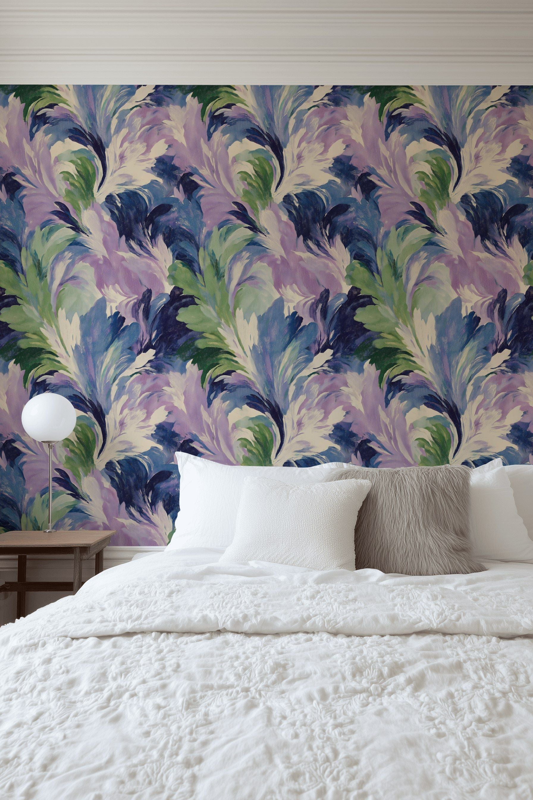 Vibrant Lilac and Green Abstract Swirl Wallpaper