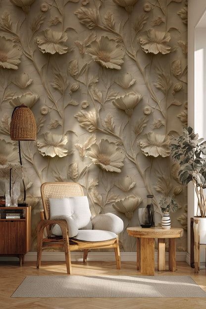 Beige 3D Floral Relief Pattern Wallpaper