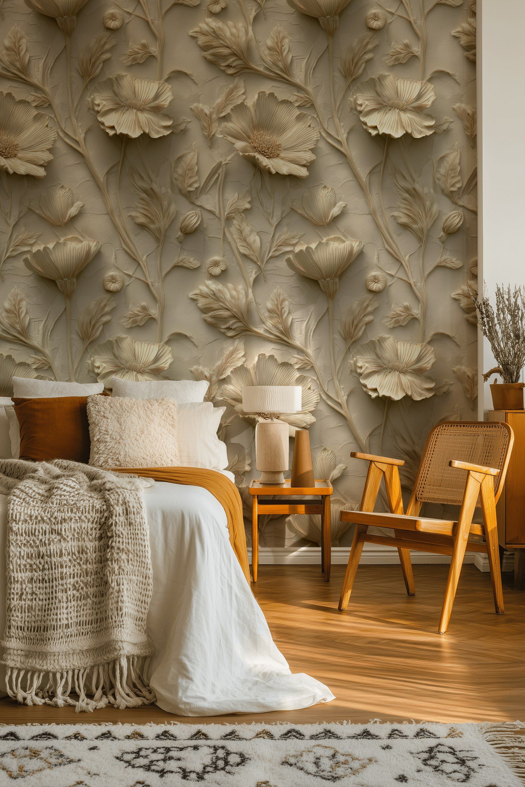 Beige 3D Floral Relief Pattern Wallpaper