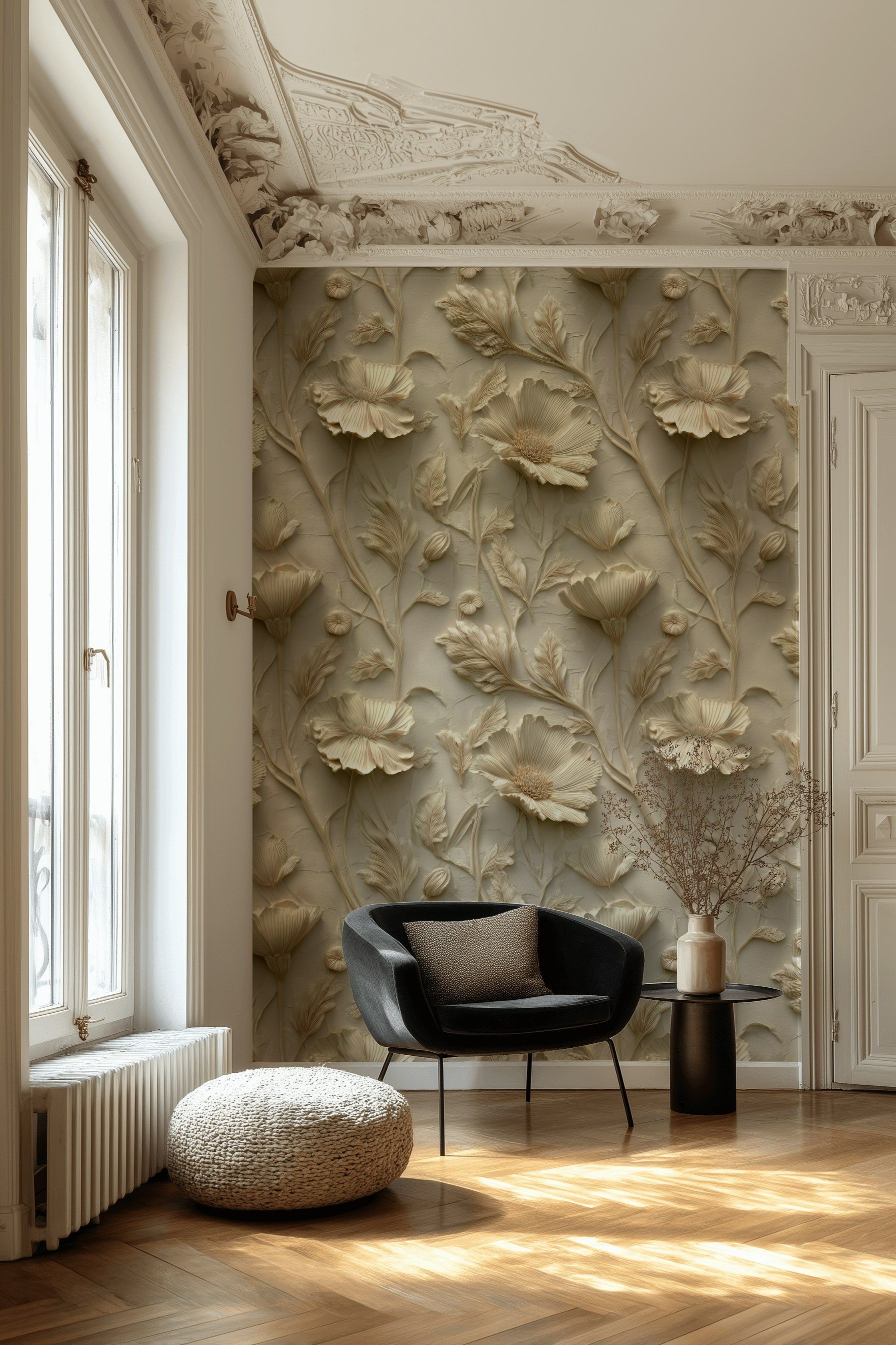 Beige 3D Floral Relief Pattern Wallpaper