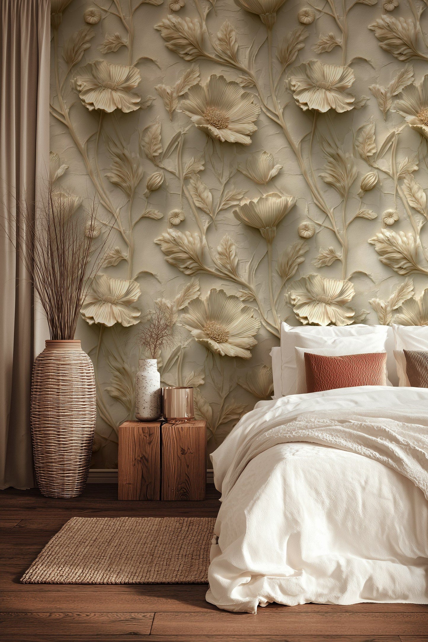 3D Floral Wallpaper Beige Textured Wall Mural