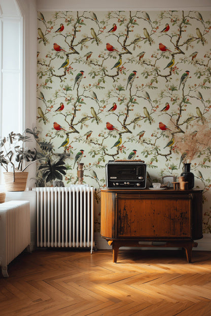 Cream Vintage Bird Botanical Wallpaper