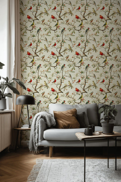 Cream Vintage Bird Botanical Wallpaper