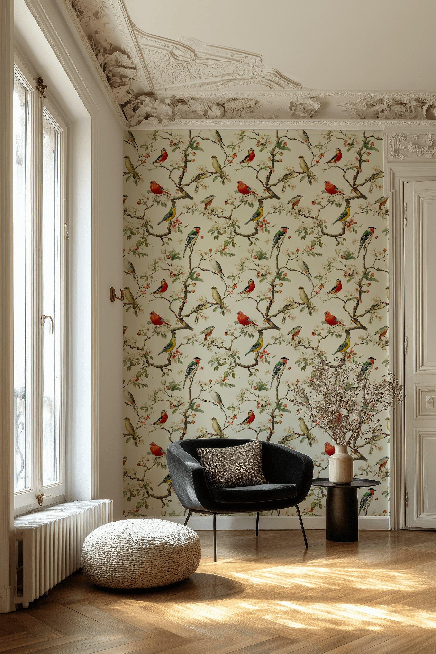 Cream Vintage Bird Botanical Wallpaper