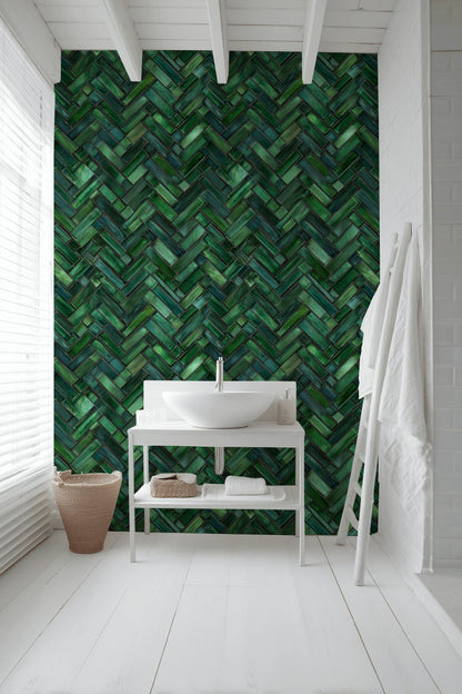 Emerald Green Geometric Tile Pattern Wallpaper