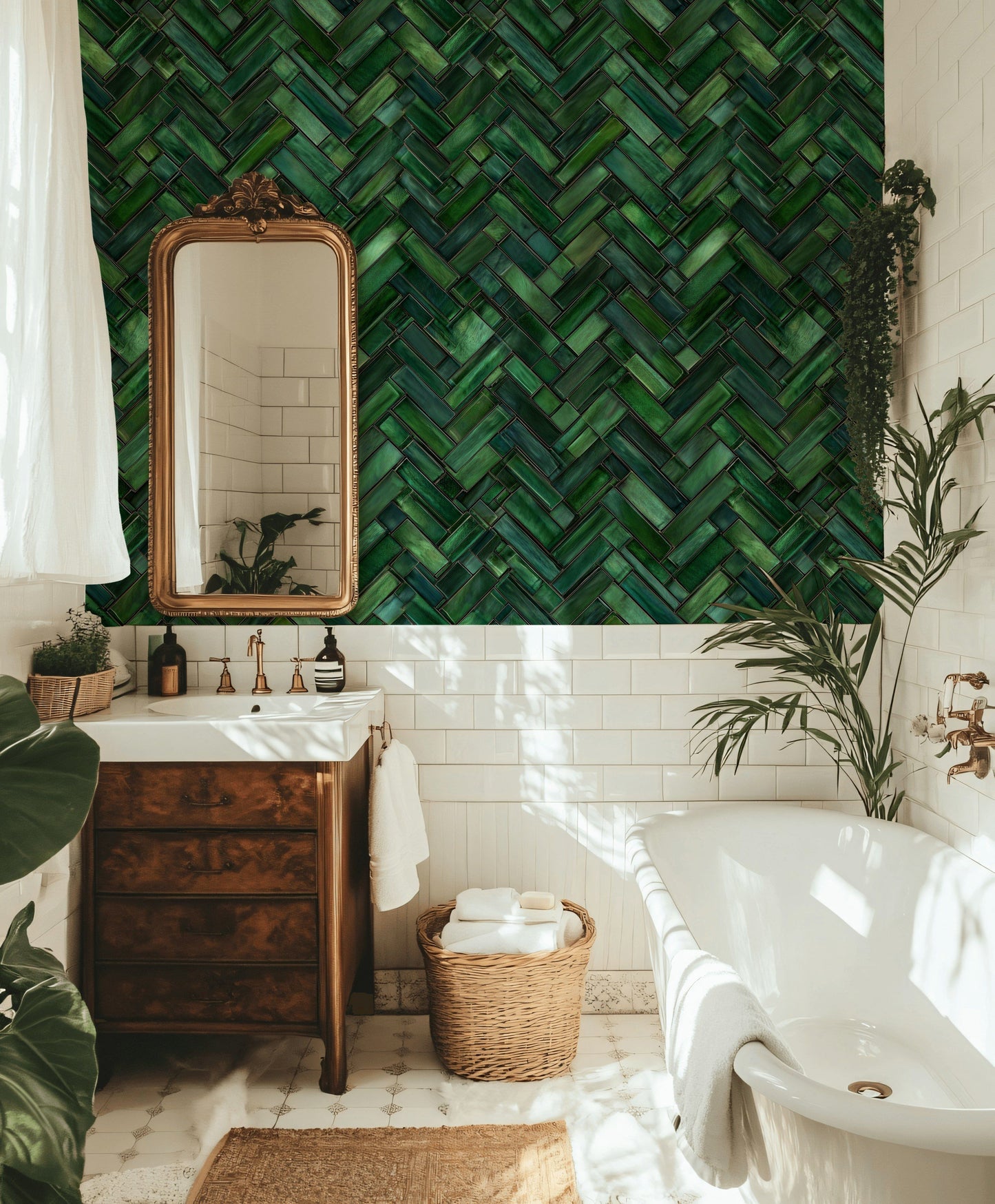 Emerald Green Tile Wallpaper Herringbone Geometric Wall Mural
