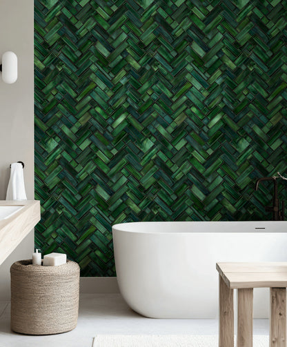 Emerald Green Geometric Tile Pattern Wallpaper