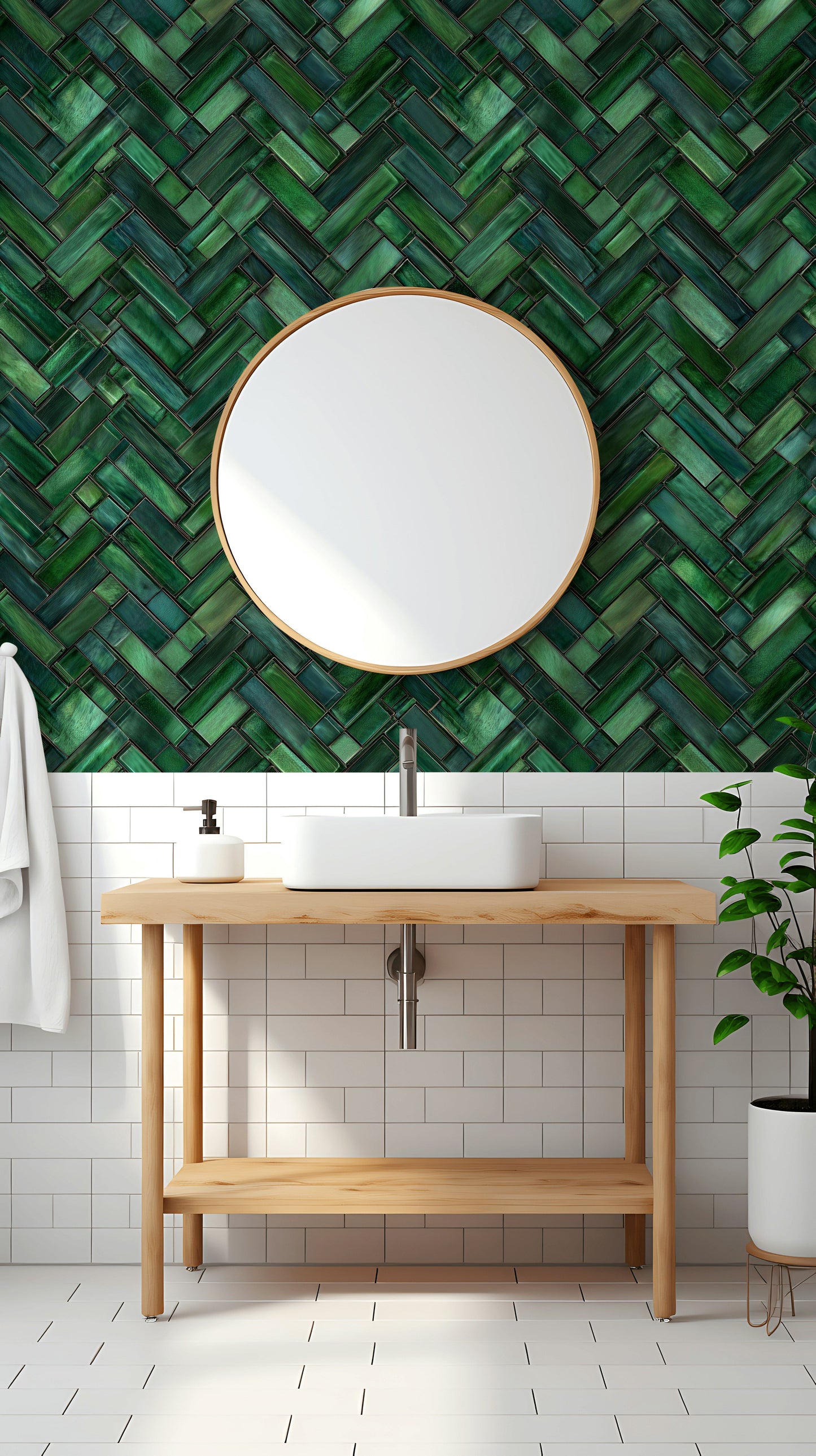 Emerald Green Tile Wallpaper Herringbone Geometric Wall Mural
