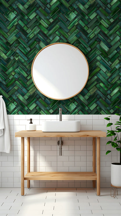 Emerald Green Geometric Tile Pattern Wallpaper