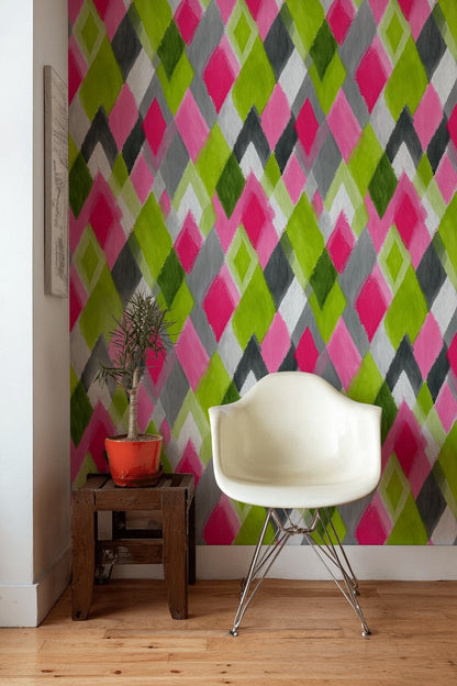 Vibrant Pink and Green Diamond Geometric Wallpaper