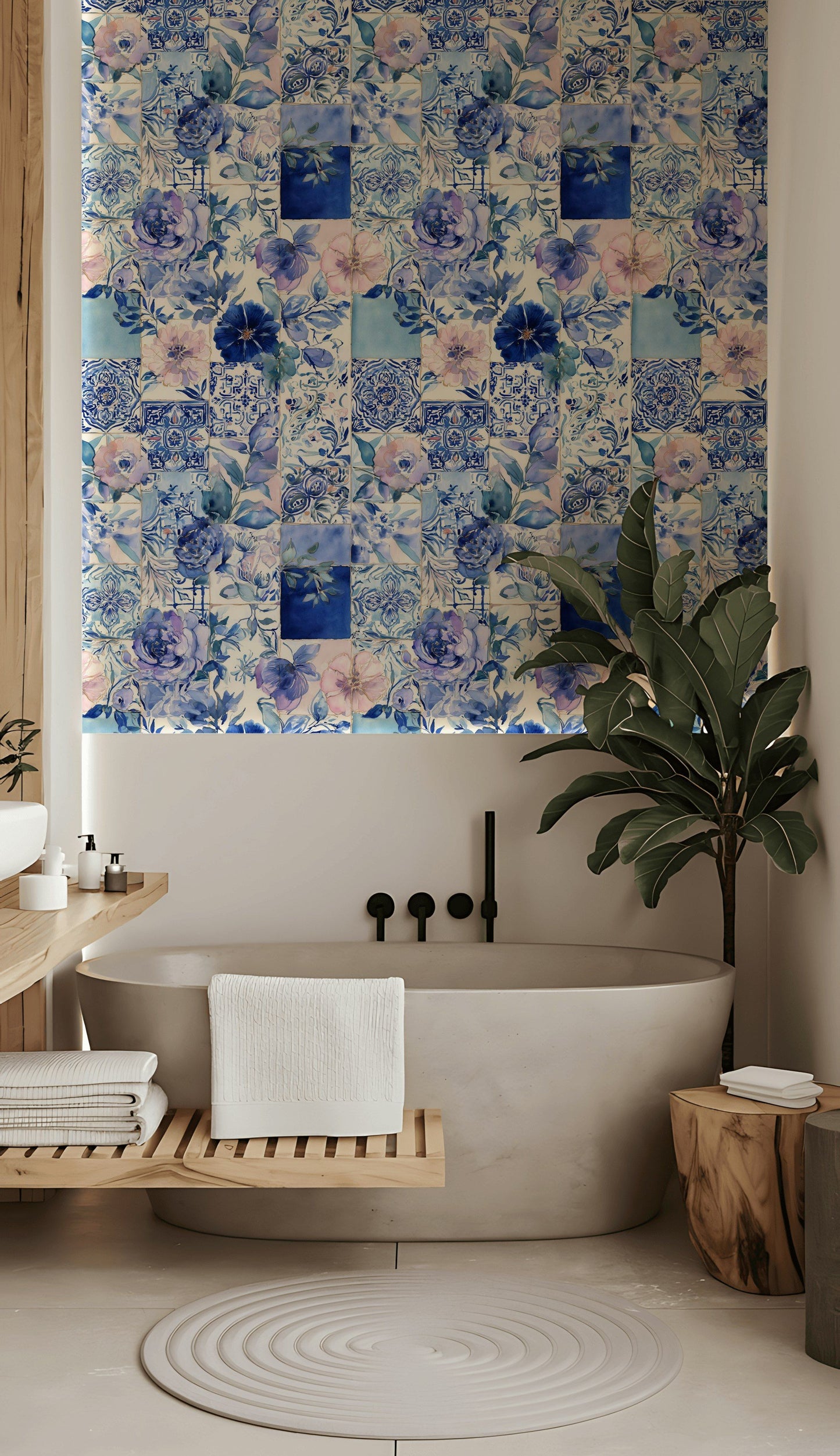 Blue Tile Floral Wallpaper Watercolor Mediterranean Wall Mural