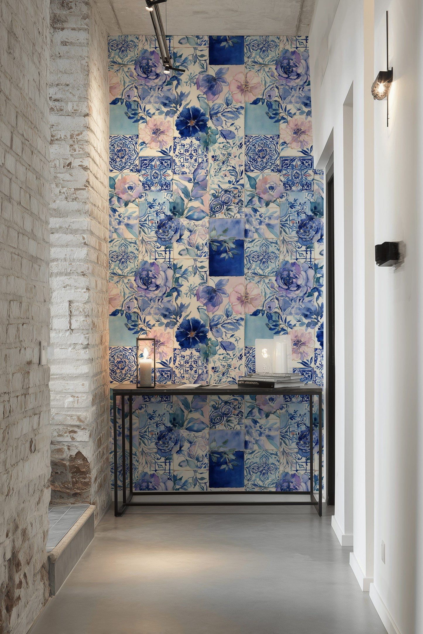 Blue Tile Floral Wallpaper Watercolor Mediterranean Wall Mural