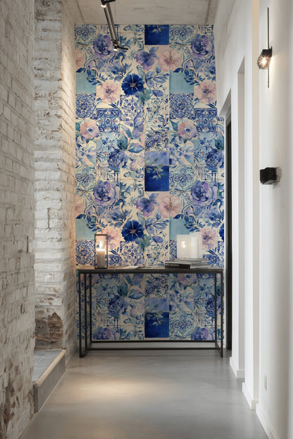Cerulean Blue Patchwork Floral Tile Wallpaper