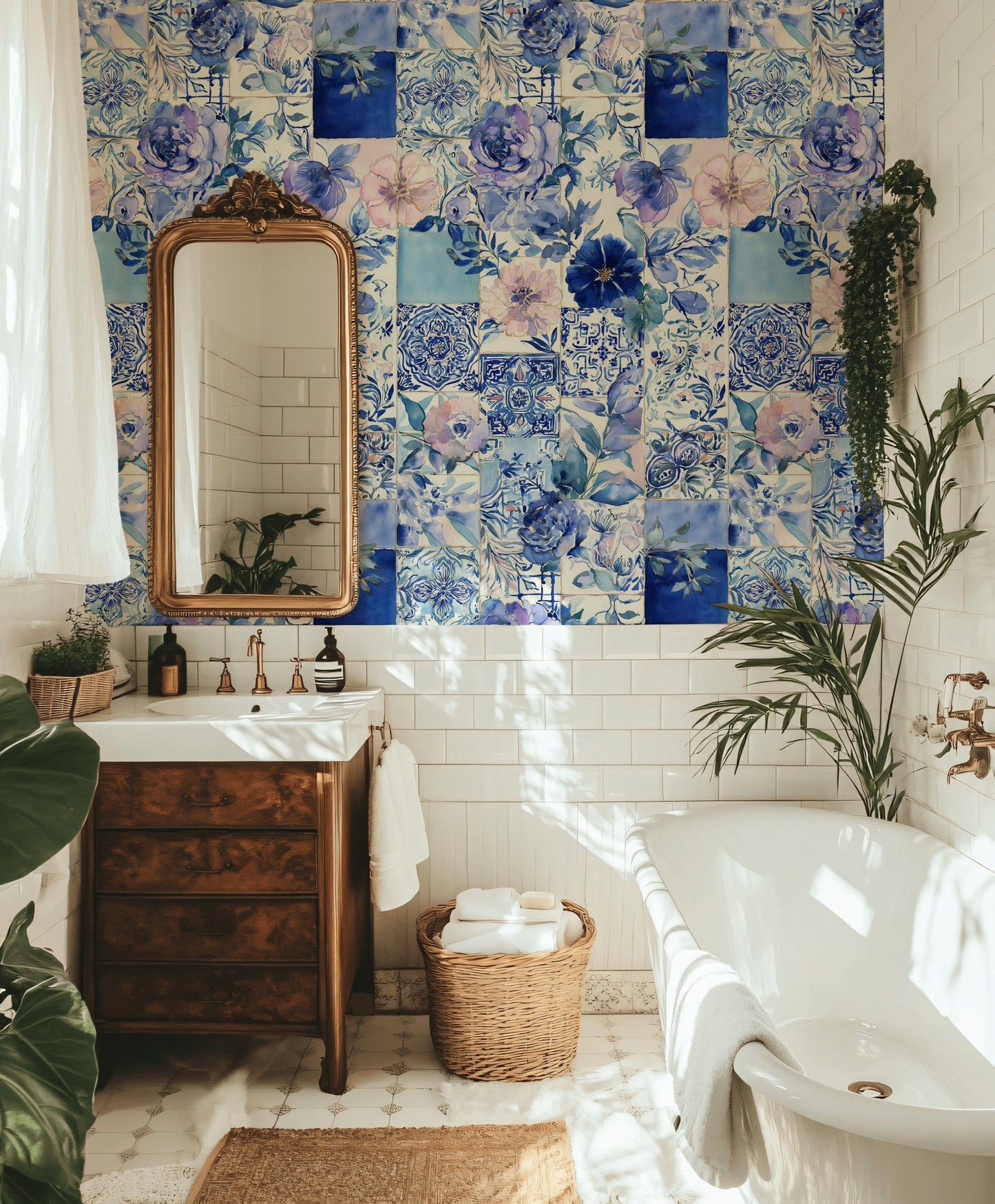 Blue Tile Floral Wallpaper Watercolor Mediterranean Wall Mural