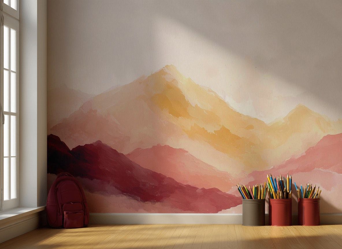Cream Blush Watercolor Mountain Landscape Wall Mural