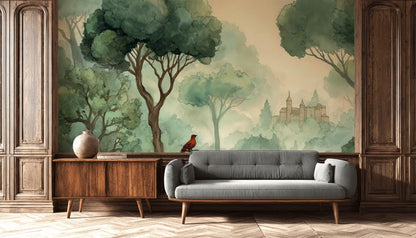 Misty Green Forest with Red Bird Wall Mural