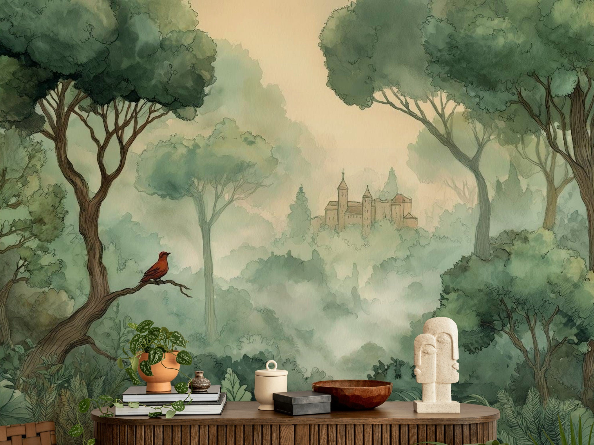 Misty Green Forest with Red Bird Wall Mural
