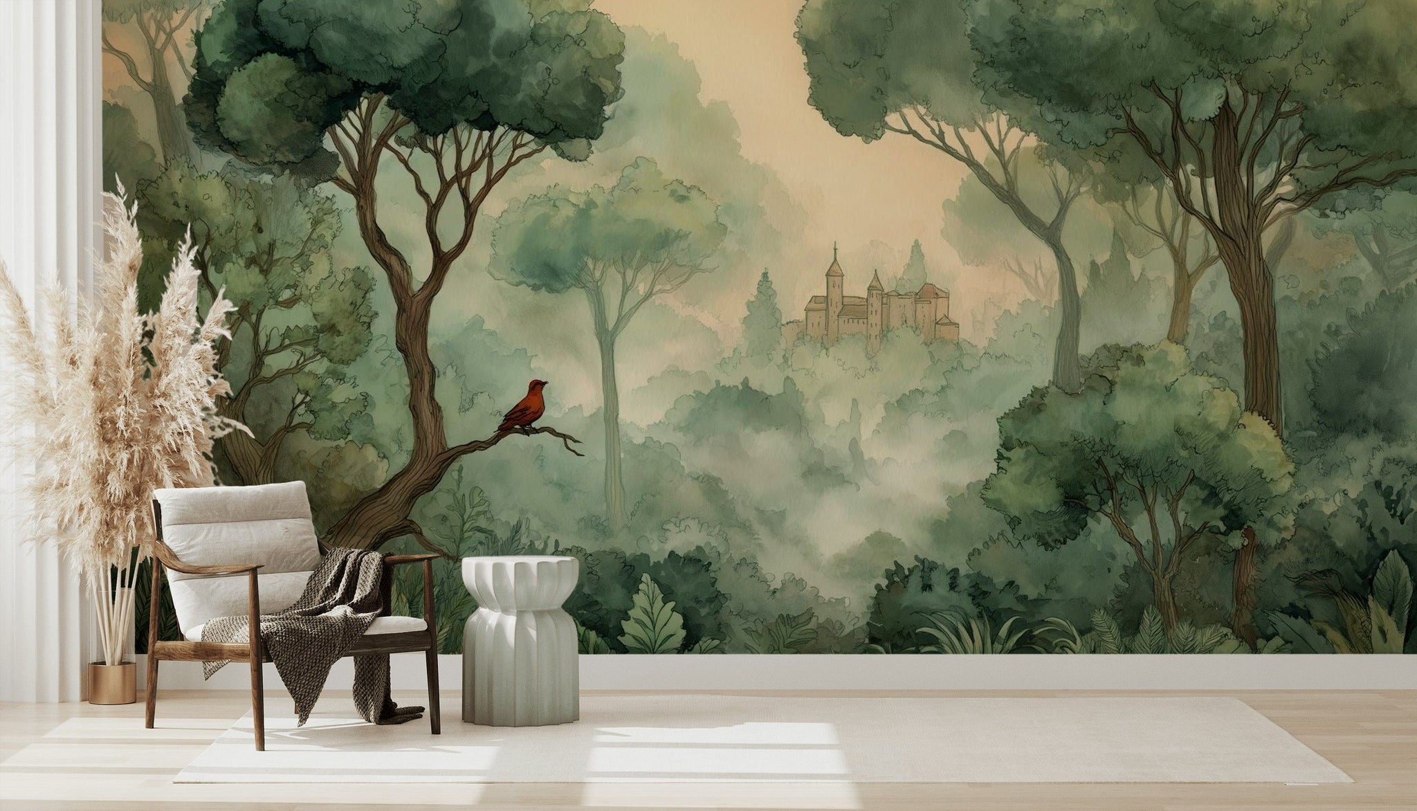 Misty Green Forest with Red Bird Wall Mural