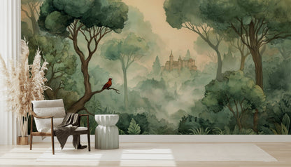 Misty Green Forest with Red Bird Wall Mural