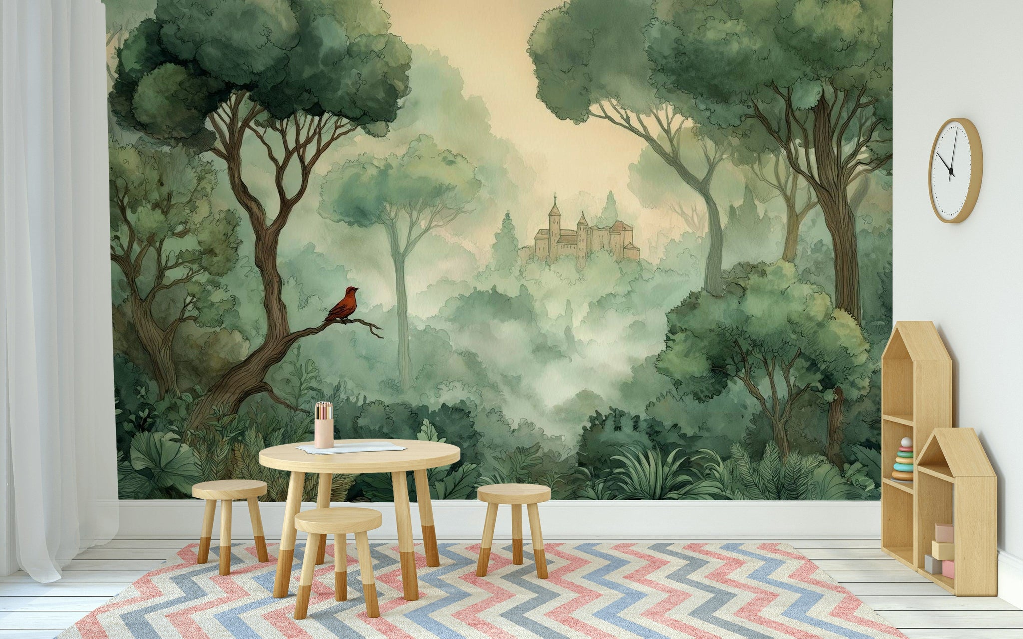 Misty Green Forest with Red Bird Wall Mural