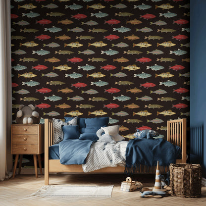 Black Multicolor Fish Pattern Wallpaper