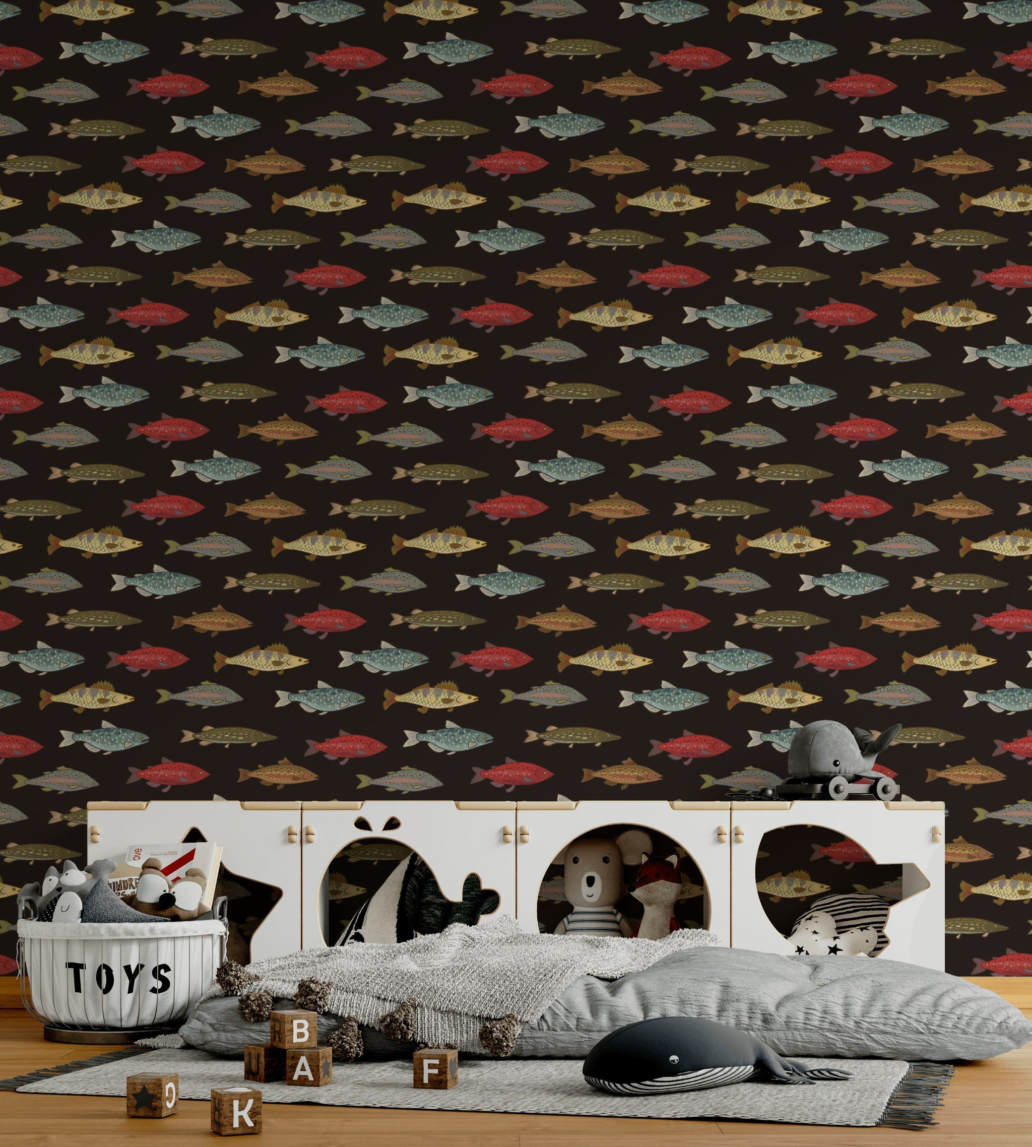 Black Multicolor Fish Pattern Wallpaper