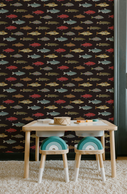 Black Multicolor Fish Pattern Wallpaper