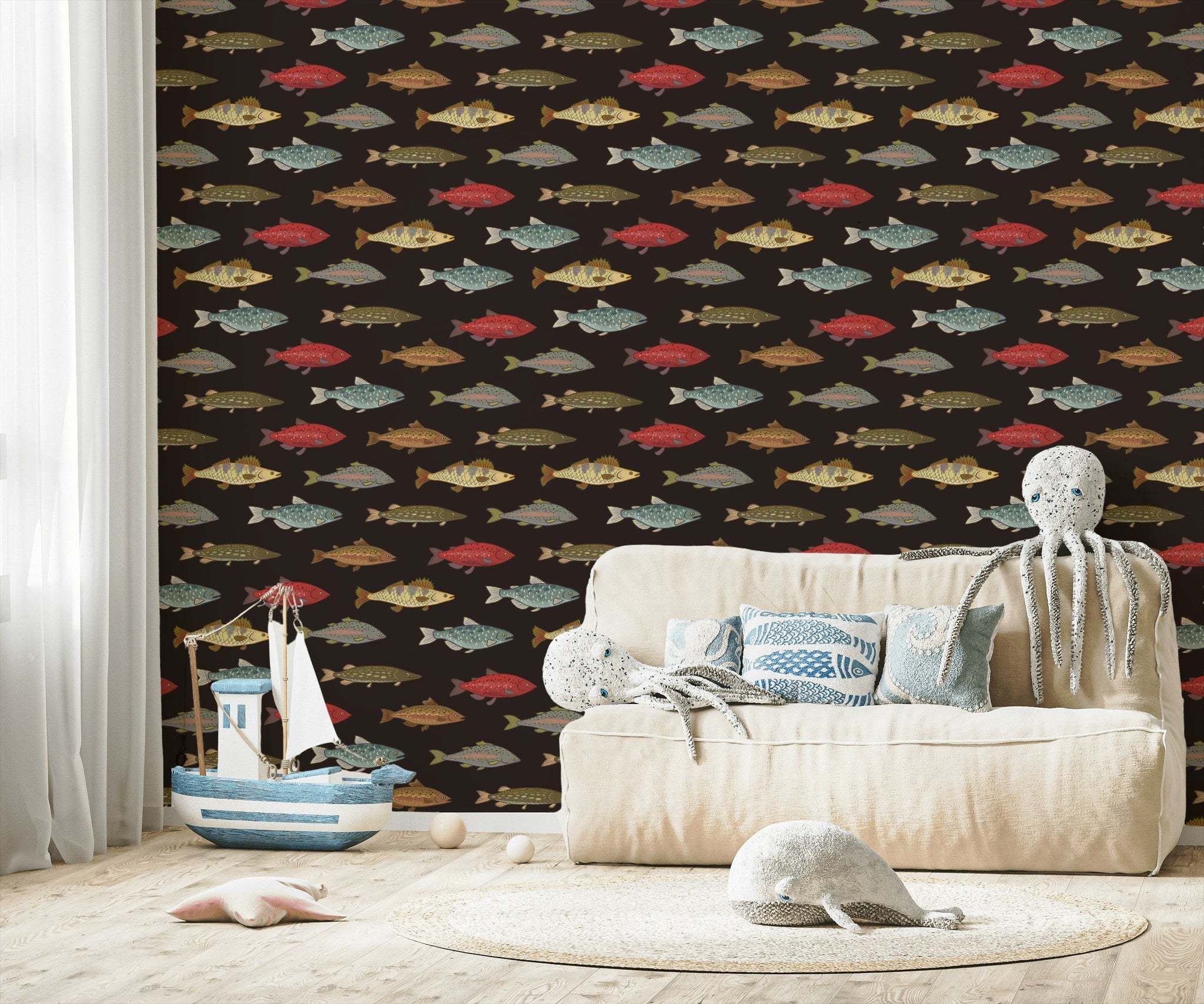 Black Multicolor Fish Pattern Wallpaper