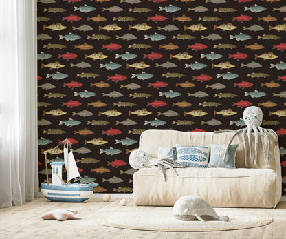 Black Multicolor Fish Pattern Wallpaper