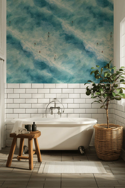 Aqua Blue Ocean Wave Pattern Wallpaper