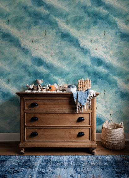 Aqua Blue Ocean Wave Pattern Wallpaper