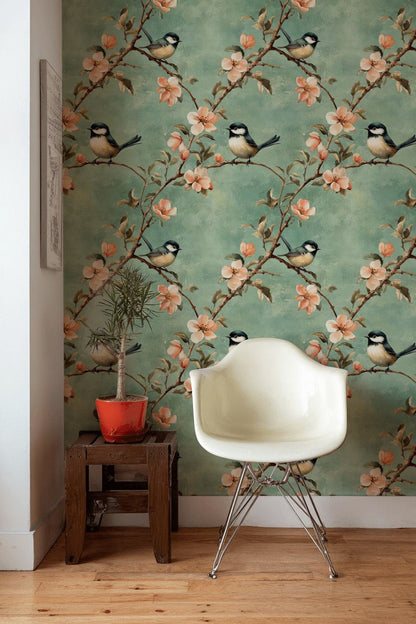 Sage Green Cherry Blossom Bird Wallpaper